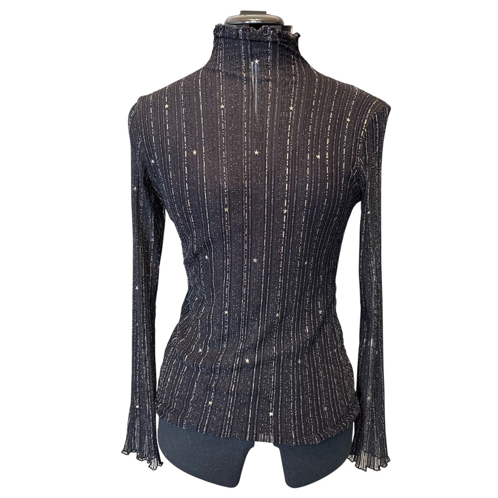 T+V Black Mesh Mock Neck Top Gold Star Pinstripe Sheer Long Sleeve Whimsigoth L